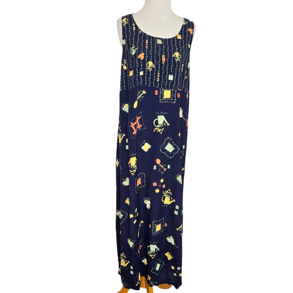 Vintage Gardening Novelty Print Maxi Dress Kitsch Modest Eclectic Women Large